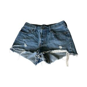 Levi's 501 Button Fly Blue Frayed Hem Distressed Cotton Denim Jean Shorts Sz 27